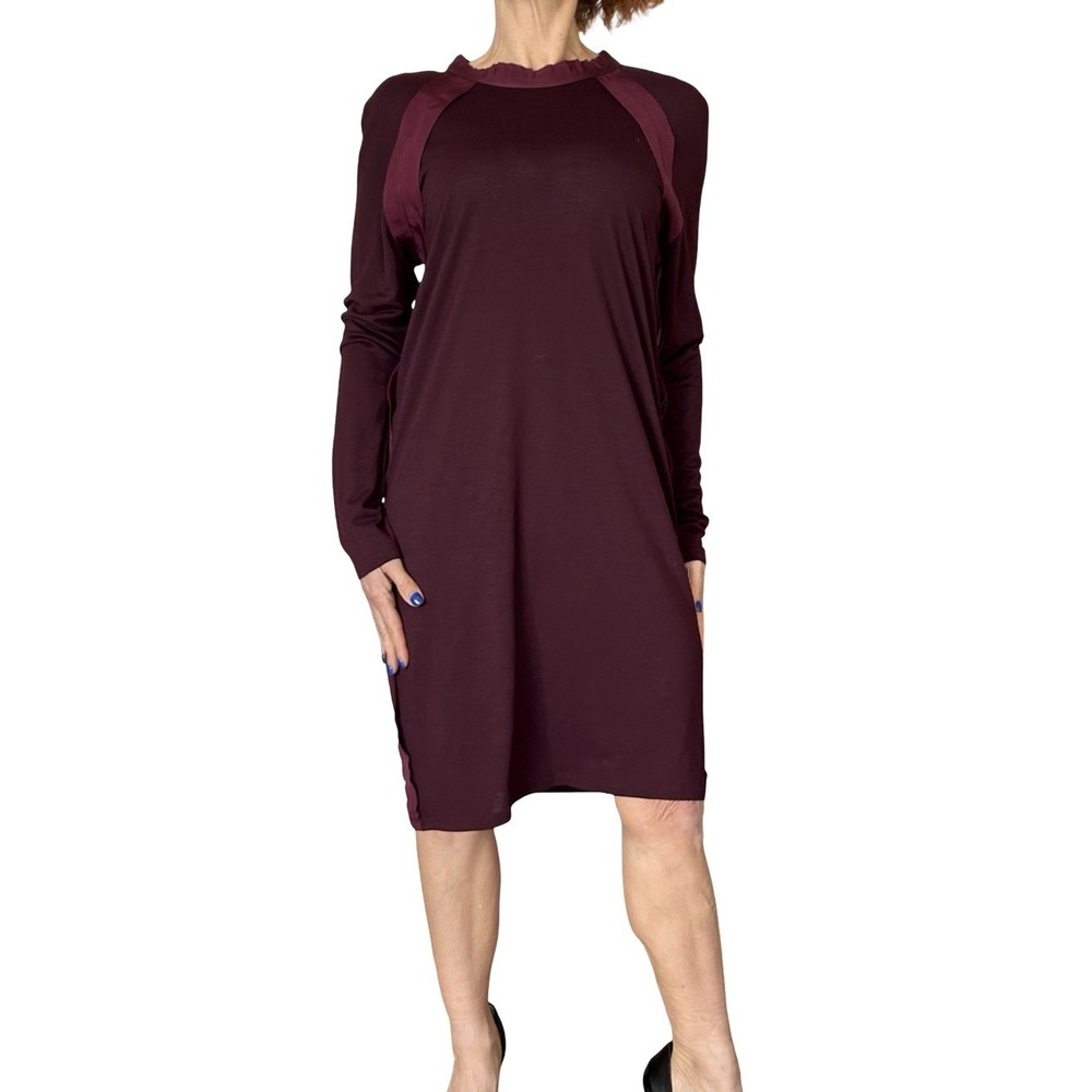 Lanvin Wool Knit Sweater Dress Shift Long Sleeves Grosgrain Trim Burgundy Medium